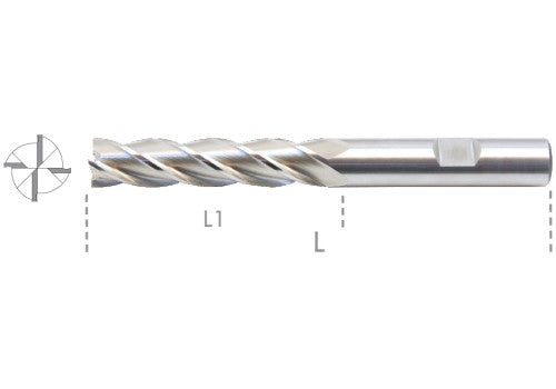 13 025 -Four flutes end mills, long series, HSS-Co 8%.